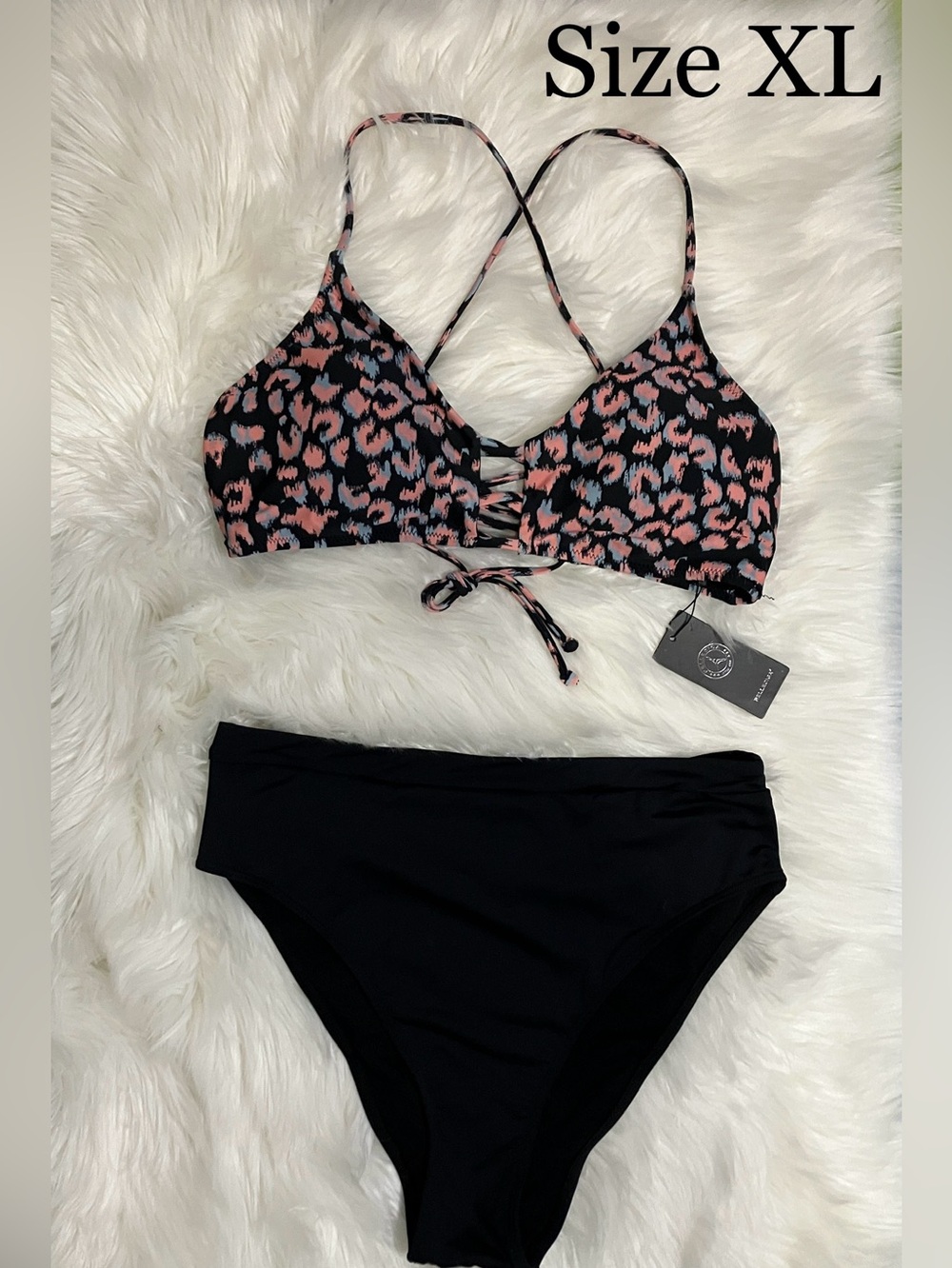 Women’s Black with Pink Leopard Print Top Two-Piece SwimSuit Size XLarge